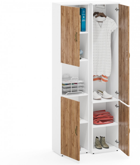 Лидер-8 Модуль Пенал + Пенал МД 21Б, цвет белый шагрень/крафт золото, ШхГхВ 80х37,5х190 см., универсальная сборка