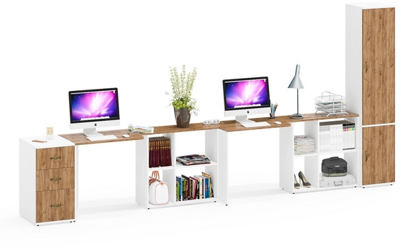 Лидер-8 Стол + Стол + Пенал МД 22Б + Тумба МД 3.16, цвет белый шагрень/крафт золото, ШхГхВ 410х50/37,5х75/190 или 270х120/50х75/190 см., НЕ ун. сб.