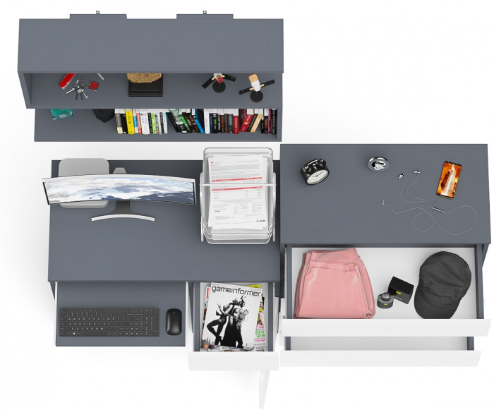 Мори Стол компьютерный МС-1 правый + Комод МК800.4 + Полка 900, цвет графит/белый, ШхГхВ 170,4х50х209,6 см., НЕ универсальная сборка