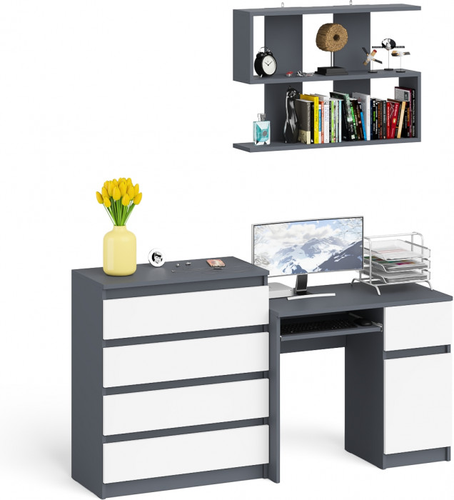 Мори Стол компьютерный МС-1 правый + Комод МК800.4 + Полка 900, цвет графит/белый, ШхГхВ 170,4х50х209,6 см., НЕ универсальная сборка