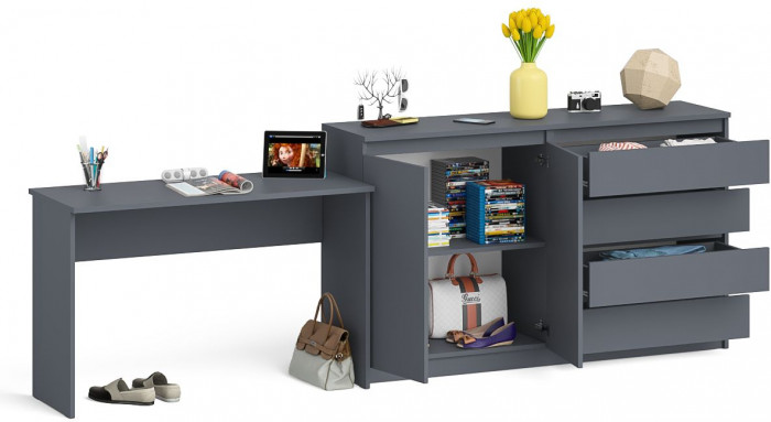 Мори Стол письменный МСП1200.1 + Комод МК1600.1, цвет графит, ШхГхВ 280,8х50х94 см., универсальная сборка