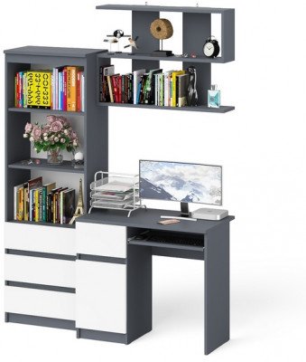 Мори компьютерный стол МС-1 левый + Стеллаж МСТ600.3 + Полка 900, графит/белый