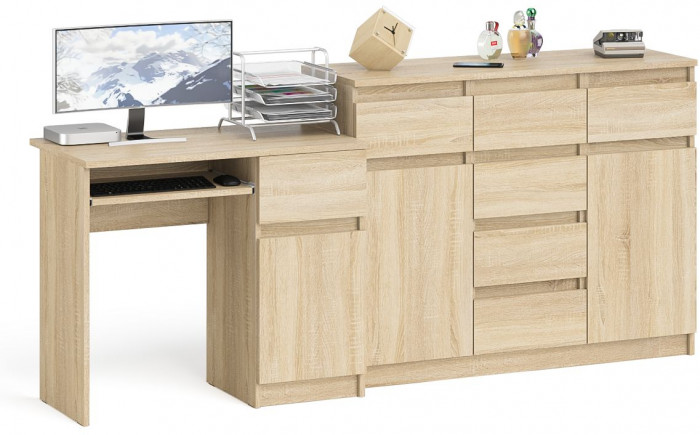 Мори компьютерный стол МС-1 правый + Комод МК1200.4, дуб сонома
