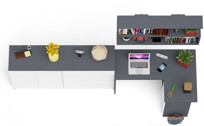 Мори компьютерный стол МС-16 правый + Комод МК1600.1 + Полка 1200, графит/белый