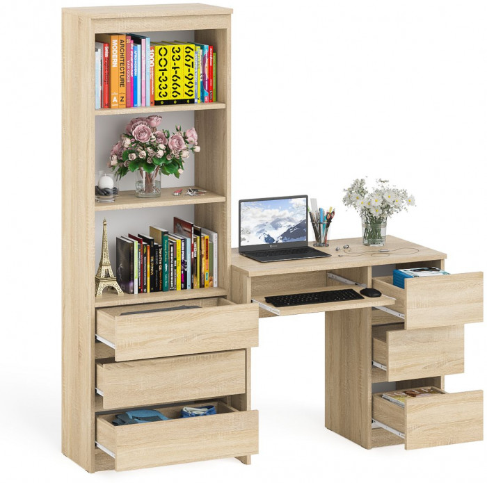 Мори Стол компьютерный МС-6 правый + Стеллаж МСТ600.3, цвет дуб сонома, ШхГхВ 150,4х50х179,6 см., выдвижные ящики справа, НЕ универсальная сборка