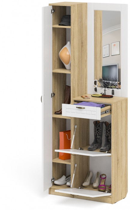 Прихожая П-6 Компоновка № 23, дуб сонома/фасады МДФ белое дерево фрезеровка прованс