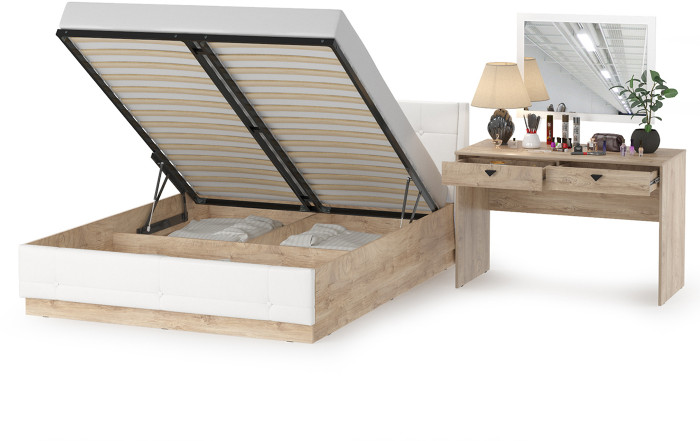 Муссон Кровать 11.28 + подъёмный ортопед + Бостон 12.69 + Зеркало СВК, цвет белый/дуб эндгрейн элегантный/кожзам белый, сп. м. 1600х2000 мм., б/м