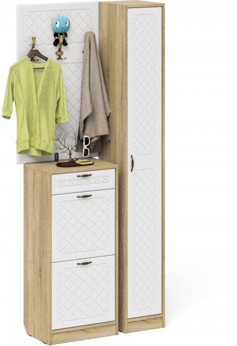 Прихожая П-6 Компоновка № 24, цвет дуб сонома/фасады МДФ белое дерево фрезеровка ромб, ШхГхВ 90х35х210 см., универсальная сборка