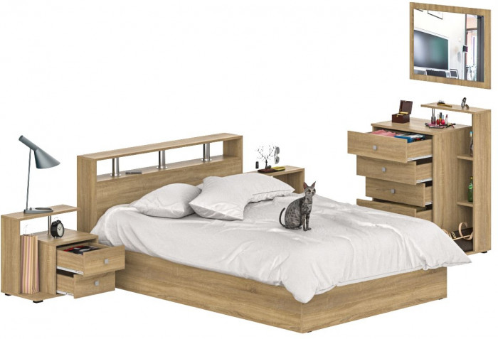 Камелия спальня № 5 Кровать 1400 + Две тумбы + Комод + Зеркало, дуб сонома