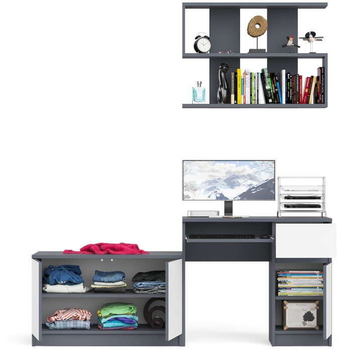 Мори компьютерный стол МС-1 правый + Тумба МА900.1 + Полка 900, графит/белый