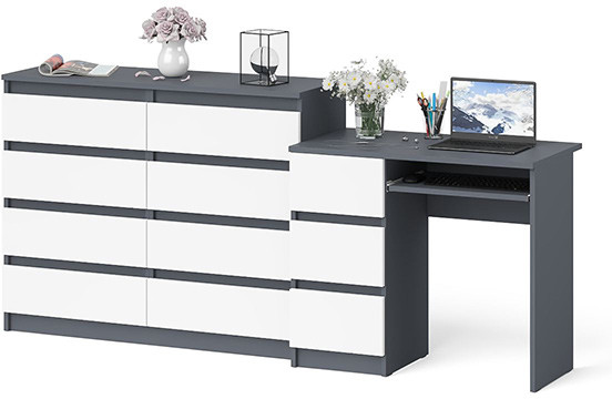 Мори компьютерный стол МС-6 левый + Комод МК1200.8, графит/белый