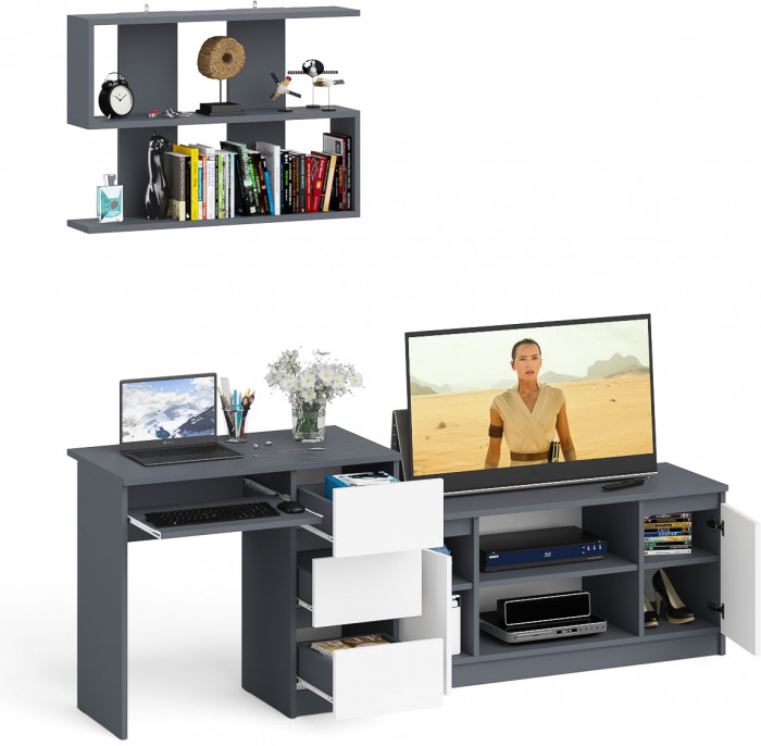 Мори компьютерный стол МС-6 правый + Тумба МТВ1200.1 + Полка 900, графит/белый