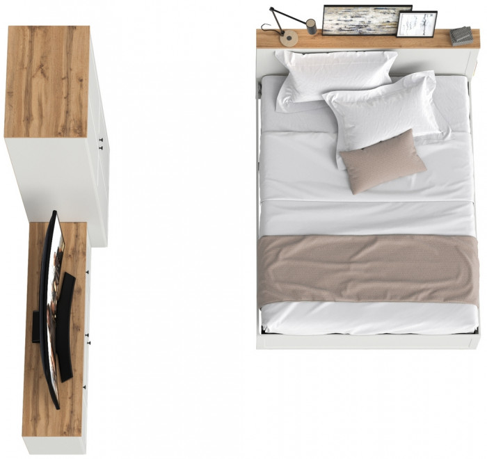 Остин 11.53 Кровать + ортопед + 13.224 Шкаф + 16.47 Тумба под ТВ, белый шагрень/дуб крафт золотой