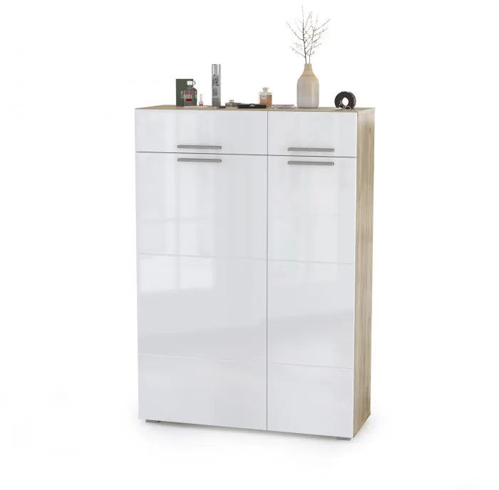 Лайн 13.121 Комод, цвет дуб крафт серый/фасады МДФ белый глянец, ШхГхВ 90х35х129,2 см., универсальная сборка