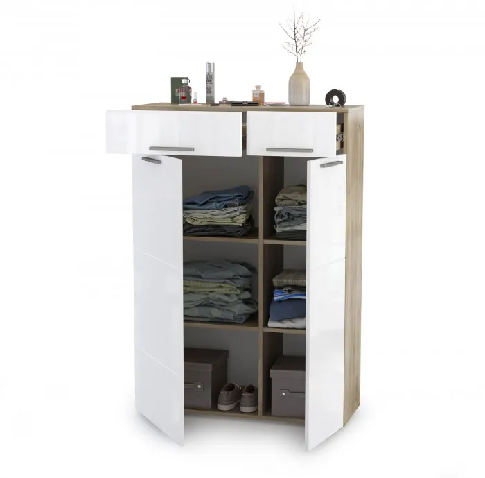 Лайн 13.121 Комод, цвет дуб крафт серый/фасады МДФ белый глянец, ШхГхВ 90х35х129,2 см., универсальная сборка