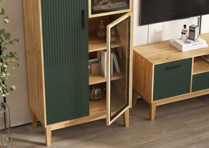 Шкаф-витрина "Флэш" (рамка AGT), Крафт золотой/Браш мени грин