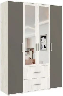 Фиеста NEW Шкаф четырехдверный с зеркалом (Крафт белый, Графит)