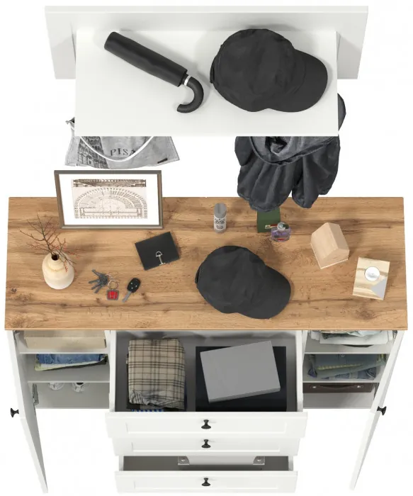 Остин 16.221 Комод + 15.12 Вешалка, цвет белый шагрень/дуб крафт золотой, ШхГхВ 120х41,9х210 см.