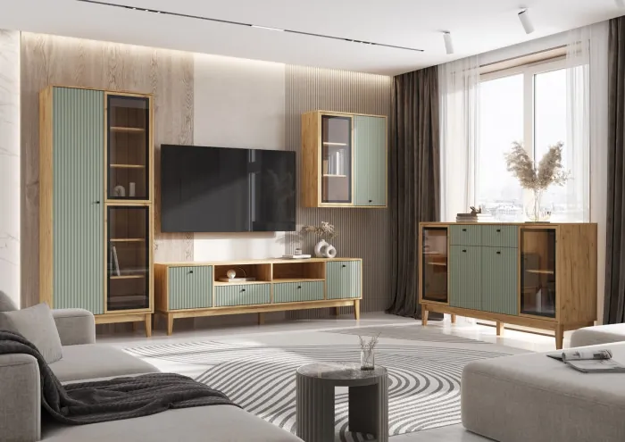 Шкаф-витрина "Оливия" (рамка AGT), Крафт золотой/Олива софт