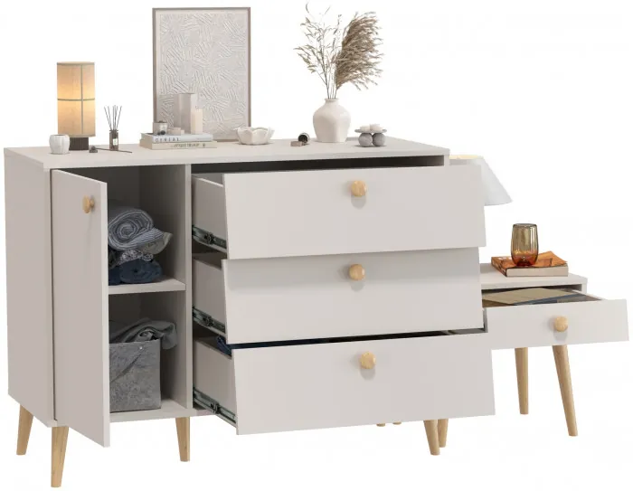 Афина Спальня Комод с дверкой и тремя ящиками + Тумба прикроватная, кашемир серый