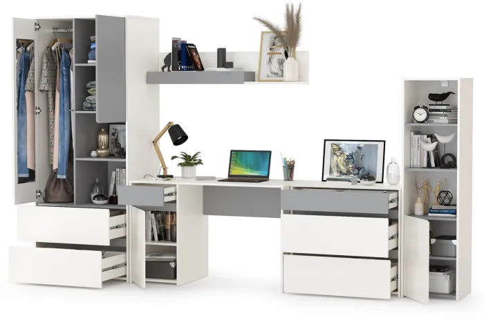 Торонто Компоновка № 01, цвет белый шагрень/стальной серый, ШхГхВ 320х53,1х195,7 см., универсальная сборка