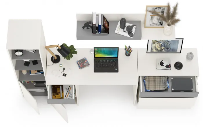 Торонто Компоновка № 02, цвет белый шагрень/стальной серый, ШхГхВ 240х53,1х149,7 см., универсальная сборка