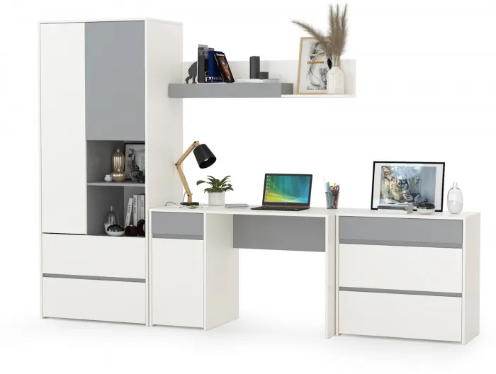 Торонто Компоновка № 03, цвет белый шагрень/стальной серый, ШхГхВ 280х53,1х195,7 см., универсальная сборка