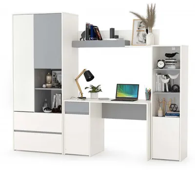 Торонто Компоновка № 04, цвет белый шагрень/стальной серый, ШхГхВ 240х53,1х195,7 см., универсальная сборка