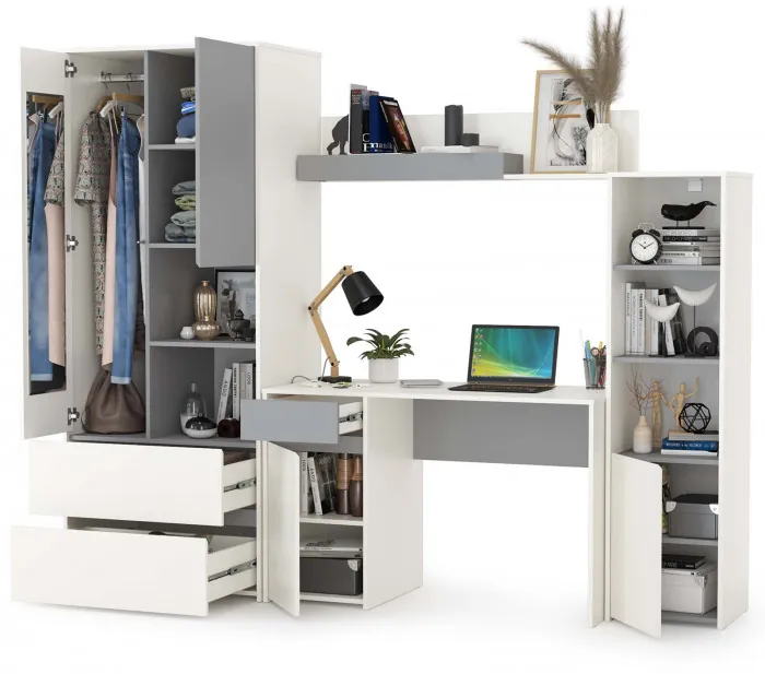 Торонто Компоновка № 04, цвет белый шагрень/стальной серый, ШхГхВ 240х53,1х195,7 см., универсальная сборка