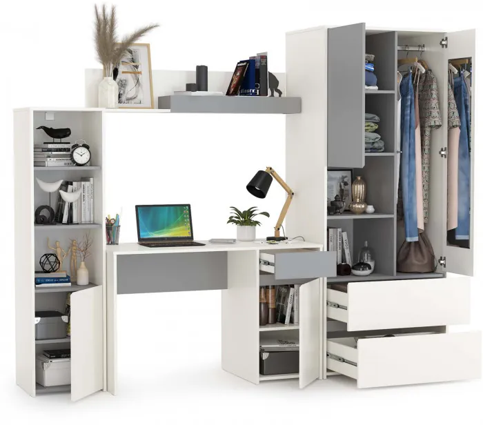 Торонто Компоновка № 04, цвет белый шагрень/стальной серый, ШхГхВ 240х53,1х195,7 см., универсальная сборка