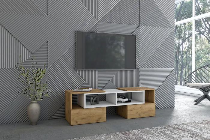 Тумба ТВ раздвижная, Крафт Золотой/Белый