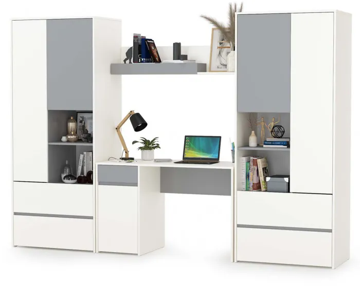 Торонто Компоновка № 05, цвет белый шагрень/стальной серый, ШхГхВ 280х53,1х195,7 см., универсальная сборка