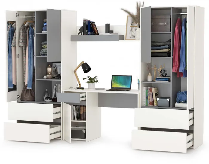 Торонто Компоновка № 05, цвет белый шагрень/стальной серый, ШхГхВ 280х53,1х195,7 см., универсальная сборка