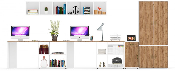 Лидер-8 Стол + Полка + Стол + Полка + Шкаф МД 19Б + Тумба МД 3.15, цвет белый шагрень/крафт золото, 450х50х75/190 или 230х200/50х75/190, НЕ ун. сб.