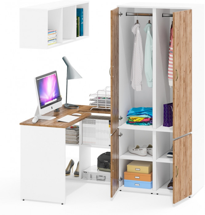 Лидер-8 Стол + Полка + Пенал МД 23Б + Пенал МД 23Б, белый шагрень/крафт золото