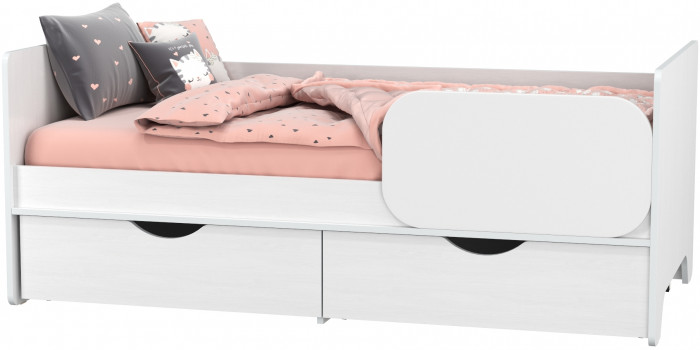 КР100 Уна 11.22 Кровать с ящиками, цвет белый(структура Поры дерева), ШхГхВ 163,8х87,6х65,3 см., 800х1600 мм., б/м, осн. есть, съёмный бортик