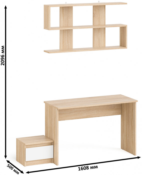 Мори Стол письменный МСП1200.1 + Тумба ТМП400.1 + Полка 1200, цвет дуб сонома/белый, ШхГхВ 160,8х50х209,6 см., универсальная сборка