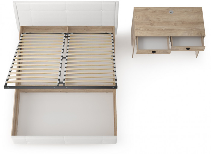 Муссон Кровать 11.28 + подъёмный ортопед + Бостон 12.69, цвет дуб эндгрейн элегантный/искусственная кожа белая, сп. м. 1600х2000 мм., б/м