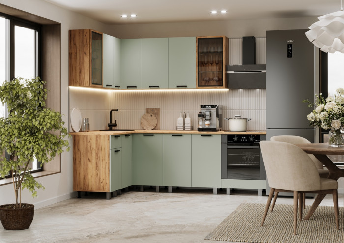 Кухня Техно 1,4х2,4м Компоновка №9, Крафт золотой/Олива софт