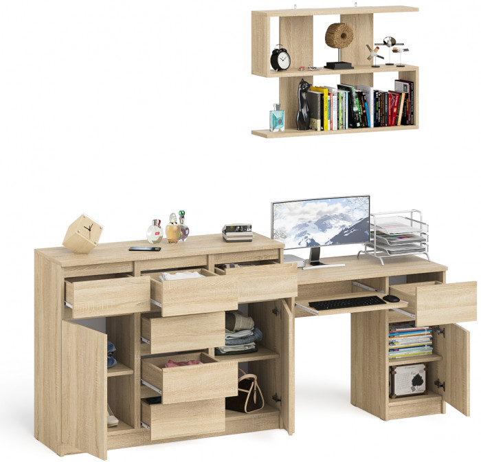 Мори компьютерный стол МС-1 правый + Комод МК1200.4 + Полка 900, дуб сонома