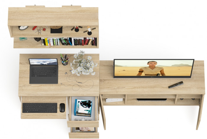 Мори компьютерный стол МС-6 правый + Тумба МТВ1200.1 + Полка 900, дуб сонома