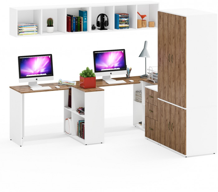 Лидер-8 Стол + Полка + Стол + Полка + Шкаф МД 19Б + Тумба МД 3.16, цвет белый шагрень/крафт золото, 450х50х75/190 или 230х200/50х75/190, НЕ ун. сб.