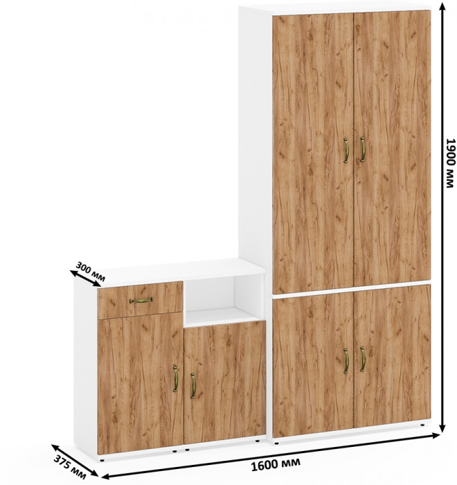Лидер-8 Шкаф МД 20Б + Тумба МД 3.15 + Тумба МД 3.19, цвет белый шагрень/крафт золото, ШхГхВ 160х37,5х190 см., НЕ универсальная сборка