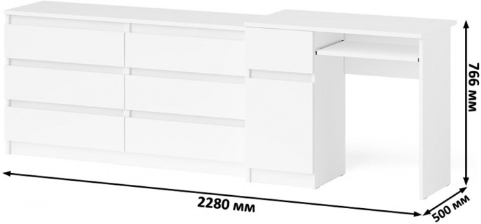 Мори Стол компьютерный МС-1 левый + Комод МК1380.6, цвет белый, ШхГхВ 228х50х76,6 см., выдвижной ящик слева, НЕ универсальная сборка