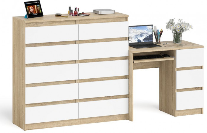 Мори Стол компьютерный МС-6 правый + Комод МК1200.10, цвет дуб сонома/белый, ШхГхВ 210,4х50х115 см., выдвижные ящики справа, НЕ универсальная сборка