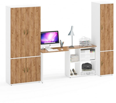 Лидер-8 Шкаф МД 20Б + Стол + Пенал 23Б, белый шагрень/крафт золото