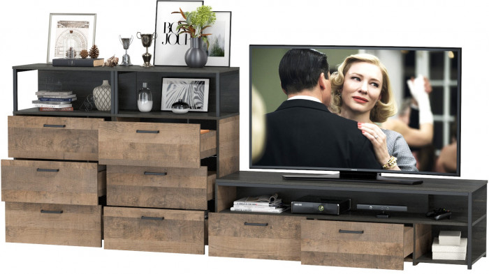 Трувор 13.70 Тумба под ТВ + 13.307.02 Комод + 13.307.02 Комод, цвет дуб гранж песочный/интра, ШхГхВ 281,8х45,4х106,9 см., универсальная сборка