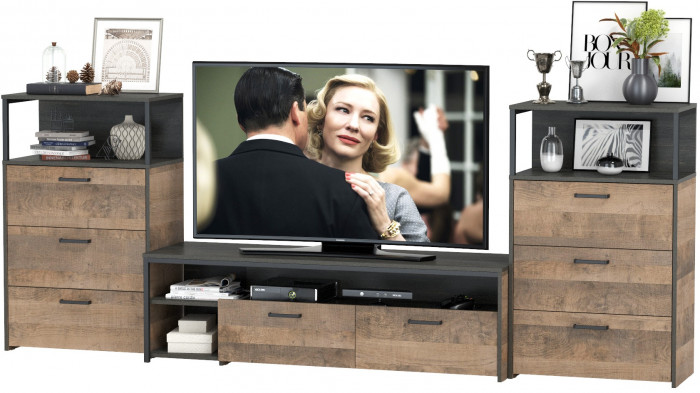 Трувор 13.70 Тумба под ТВ + 13.307.02 Комод + 13.307.02 Комод, цвет дуб гранж песочный/интра, ШхГхВ 281,8х45,4х106,9 см., универсальная сборка