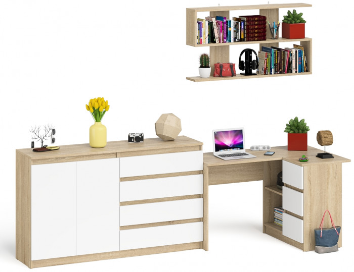 Мори компьютерный стол МС-16 правый + Комод МК1600.1 + Полка 1200, дуб сонома/белый
