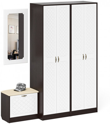 Прихожая П-6 Компоновка № 08, цвет венге/фасады МДФ белое дерево фрезеровка ромб, ШхГхВ 180х50х210 см., универсальная сборка